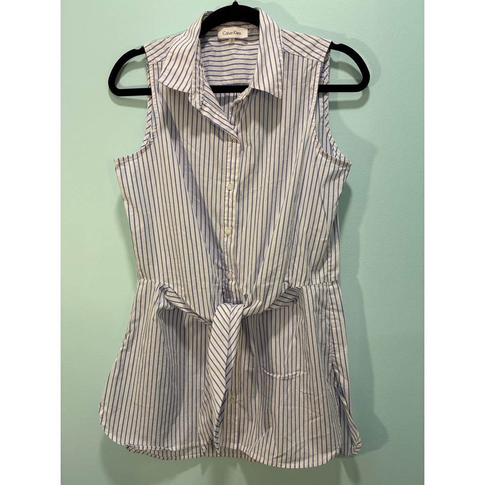 Calvin Klein Women's Blue White Striped Sleeveless Tie Front Button Down Shirt